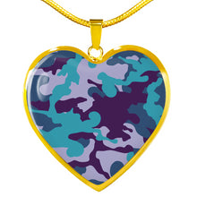 Load image into Gallery viewer, Teal Blue and Purple Camouflage Heart Shaped Stainless Steel Pendant Necklace
