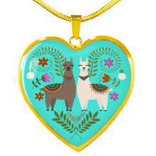 Load image into Gallery viewer, Llama and Flower Design on Turquoise Background Heart Shaped Pendant In Gold or Silver