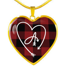 Load image into Gallery viewer, Custom Arrow Heart Monogram on Red Buffalo Plaid Heart Shaped Pendant Jewelry Necklace In Stainless Steel or 18K Gold Finish