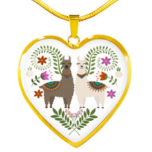 Load image into Gallery viewer, Colorful Llamas and Flowers on White Background Silver or Gold Heart Shaped Pendant