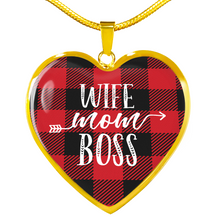Load image into Gallery viewer, Wife Mom Boss Red Buffalo Plaid Heart Shaped Stainless Steel Pendant