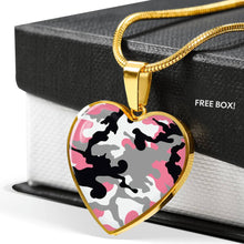 Load image into Gallery viewer, Rose Pink, Gray, Black and White Camouflage Heart Shaped Stainless Steel Pendant Necklace