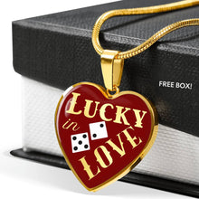 Load image into Gallery viewer, Lucky In Love Dice Red and White Heart Shaped Pendant Stainless Steel or 18K Gold Finish Necklace Gift Set