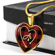 Load image into Gallery viewer, Custom Arrow Heart Monogram on Red Buffalo Plaid Heart Shaped Pendant Jewelry Necklace In Stainless Steel or 18K Gold Finish