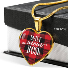 Load image into Gallery viewer, Wife Mom Boss Red Buffalo Plaid Heart Shaped Stainless Steel Pendant