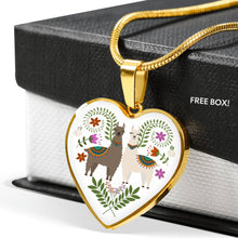 Load image into Gallery viewer, Colorful Llamas and Flowers on White Background Silver or Gold Heart Shaped Pendant