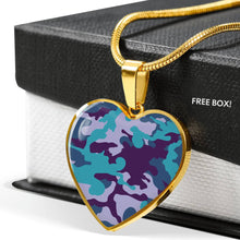 Load image into Gallery viewer, Teal Blue and Purple Camouflage Heart Shaped Stainless Steel Pendant Necklace