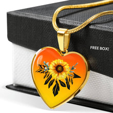 Load image into Gallery viewer, Dreamcatcher Sunflower on Bright Orange and Yellow Ombre Boho Design Heart Shaped Stainless Steel Pendant Necklace Dream Catcher Jewelry