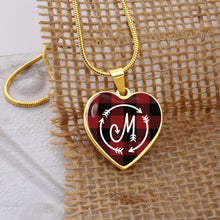 Load image into Gallery viewer, M Monogram Buffalo Plaid Heart Shaped Pendant Red and Black
