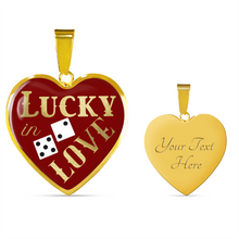 Load image into Gallery viewer, Lucky In Love Dice Red and White Heart Shaped Pendant Stainless Steel or 18K Gold Finish Necklace Gift Set