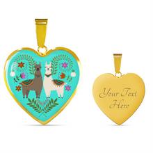 Load image into Gallery viewer, Llama and Flower Design on Turquoise Background Heart Shaped Pendant In Gold or Silver