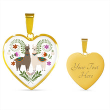 Load image into Gallery viewer, Colorful Llamas and Flowers on White Background Silver or Gold Heart Shaped Pendant