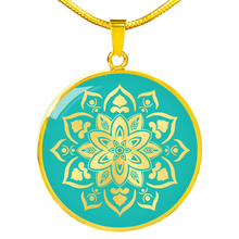 Load image into Gallery viewer, Turquoise Mandala Flower Design on Stainless Steel or 18K Gold Finished Round Circle Pendant Necklace