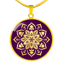 Load image into Gallery viewer, Purple Mandala Flower Design On Stainless Steel or 18K Gold Circle Pendant Necklace