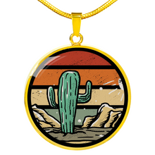 Load image into Gallery viewer, Retro Sunset Cactus Design on Circle Pendant Stainless Steel or 18K Gold Finish Includes Chain and Gift Box