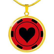 Load image into Gallery viewer, Poker Chip Black and Red Heart Suit Stainless Steel or 18K Gold Circle Pendant Necklace Casino Token