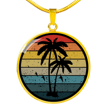 Load image into Gallery viewer, Retro Sunset With Palm Trees and Seagulls Circle Pendant Stainless Steel Necklace With Gift Box