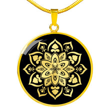 Load image into Gallery viewer, Black With Mandala Flower Design Circle Round Pendant In Stainless Steel or 18K Gold Finish