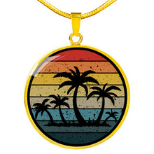 Load image into Gallery viewer, Retro Sunset With Palm Trees Jewelry Circle Pendant Necklace in Stainless Steel or 18k Gold Finish With Gift Box and Chain