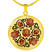 Load image into Gallery viewer, Red and Black Roses on Round Pendant In Stainless Steel or Gold