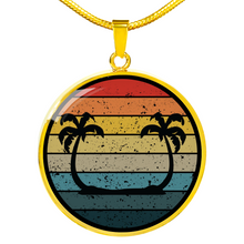 Load image into Gallery viewer, Retro Sunset With Twin Palm Trees Jewelry Circle Pendant Necklace With Gift Box and Chain in Stainless Steel or 18k Gold Finish