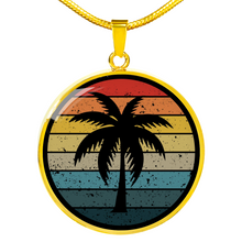 Load image into Gallery viewer, Retro Sunset With Palm Tree Jewelry Circle Pendant Necklace In Stainless Steel or 18K Gold Finish With Gift Box and Chain