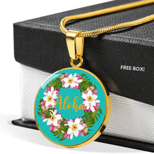 Load image into Gallery viewer, Aloha Hawaiian Floral Wreath Jewelry Round Circle Pendant Necklace With Gift Box and Chain in Stainless Steel or 18K Gold Finish