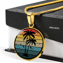 Load image into Gallery viewer, Retro Sunset With Palm Trees and Seagulls Circle Pendant Stainless Steel Necklace With Gift Box