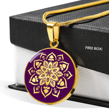 Load image into Gallery viewer, Purple Mandala Flower Design On Stainless Steel or 18K Gold Circle Pendant Necklace
