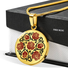 Load image into Gallery viewer, Red and Black Roses on Round Pendant In Stainless Steel or Gold