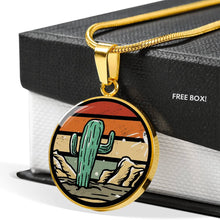 Load image into Gallery viewer, Retro Sunset Cactus Design on Circle Pendant Stainless Steel or 18K Gold Finish Includes Chain and Gift Box