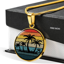 Load image into Gallery viewer, Retro Sunset With Palm Trees Jewelry Circle Pendant Necklace in Stainless Steel or 18k Gold Finish With Gift Box and Chain