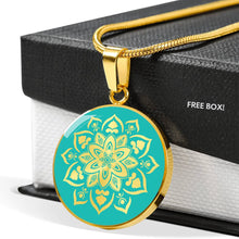 Load image into Gallery viewer, Turquoise Mandala Flower Design on Stainless Steel or 18K Gold Finished Round Circle Pendant Necklace