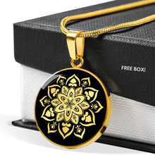 Load image into Gallery viewer, Black With Mandala Flower Design Circle Round Pendant In Stainless Steel or 18K Gold Finish