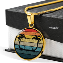 Load image into Gallery viewer, Retro Sunset With Twin Palm Trees Jewelry Circle Pendant Necklace With Gift Box and Chain in Stainless Steel or 18k Gold Finish