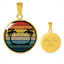 Load image into Gallery viewer, Retro Sunset With Twin Palm Trees Jewelry Circle Pendant Necklace With Gift Box and Chain in Stainless Steel or 18k Gold Finish