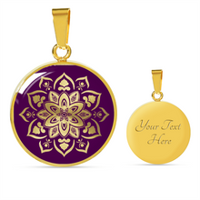 Load image into Gallery viewer, Purple Mandala Flower Design On Stainless Steel or 18K Gold Circle Pendant Necklace