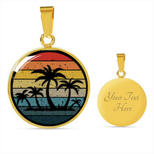 Load image into Gallery viewer, Retro Sunset With Palm Trees Jewelry Circle Pendant Necklace in Stainless Steel or 18k Gold Finish With Gift Box and Chain