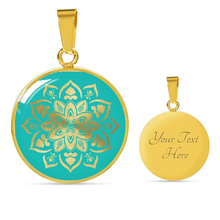 Load image into Gallery viewer, Turquoise Mandala Flower Design on Stainless Steel or 18K Gold Finished Round Circle Pendant Necklace