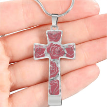 Load image into Gallery viewer, Rosey Pink Roses on Faux Marble Cross In Stainless Steel or 18K Gold Finish With Chain Necklace and Gift Box