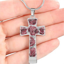 Load image into Gallery viewer, Pink Roses on Faux Marble Cross In Stainless Steel or 18K Gold Finish With Chain Necklace and Gift Box