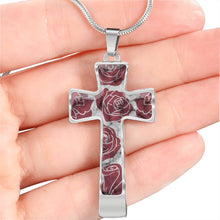 Load image into Gallery viewer, Dark Pink Roses on Faux Marble Cross In Stainless Steel or 18K Gold Finish With Chain Necklace and Gift Box