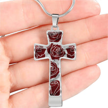 Load image into Gallery viewer, Red Roses on Cross Pendant Necklace White Faux Marble In Stainless Steel or 18K Gold Finish With Chain and Gift Box