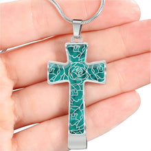 Load image into Gallery viewer, Teal With Rose Outline Pattern on Stainless Steel Cross With Necklace Chain and Gift Box