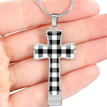 Load image into Gallery viewer, Black and White Buffalo Plaid Christian Cross Necklace With Chain and Gift Box