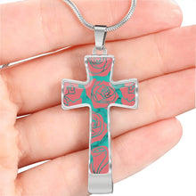 Load image into Gallery viewer, Teal Faux Marble With Roses Cross Pendant Necklace In Stainless Steel or 18K Gold Finish With Chain and Gift Box