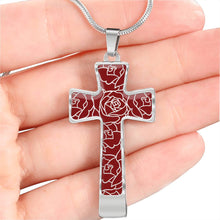 Load image into Gallery viewer, Red With Rose Outline Pattern Cross Jewelry Pendant Stainless Steel or 18K Gold Plater With Necklace Chain and Gift Box