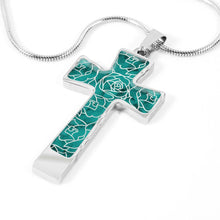Load image into Gallery viewer, Teal With Rose Outline Pattern on Stainless Steel Cross With Necklace Chain and Gift Box