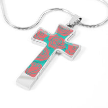 Load image into Gallery viewer, Roses on Teal Faux Marble With Roses Cross Pendant Necklace In Stainless Steel or 18K Gold Finish With Chain and Gift Box