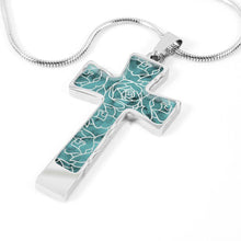 Load image into Gallery viewer, Turquoise With Rose Outline Pattern on Stainless Steel Cross Pendant Necklace With Chain and Gift Box